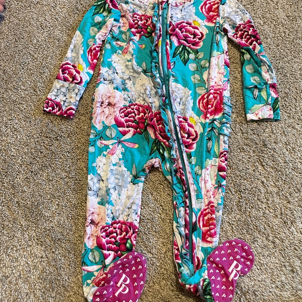 Posh Peanut Floral Kids Footie in Teal and Pink
